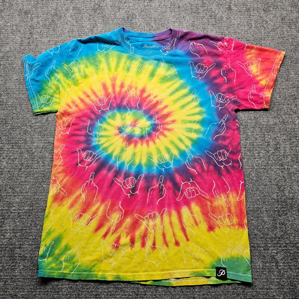 Primitive Apparel Mens Medium Tie Dye T-Shirt All Over Hand Gesture Graphic Tee